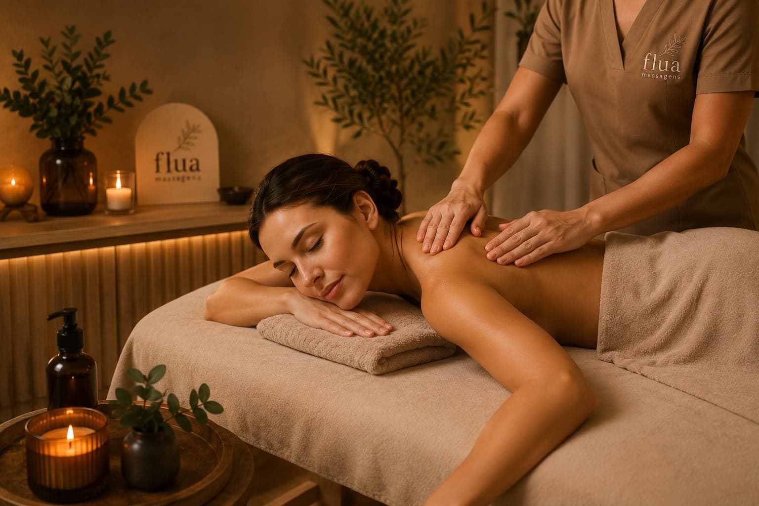 Massagem relaxante sendo aplicada nas costas de uma cliente em ambiente aconchegante Flua